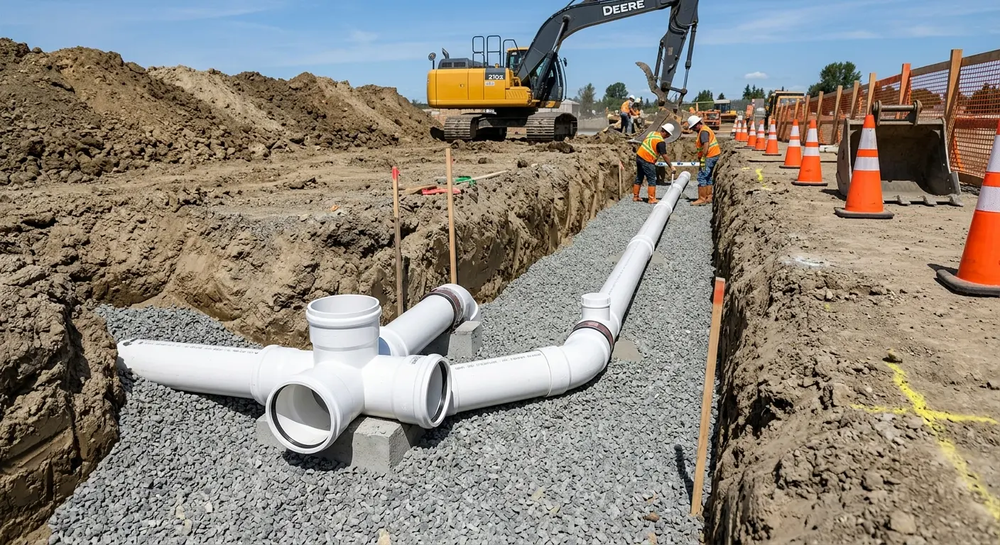 New PVC sewer pipe installation in open trench for Commercial Drain Cleaning in Connellsville
